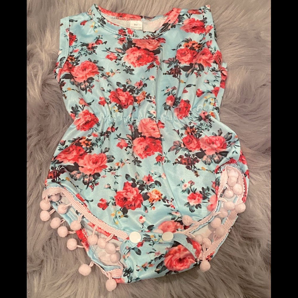 Boutique Pom Pom Romper Flower Print Baby Girl